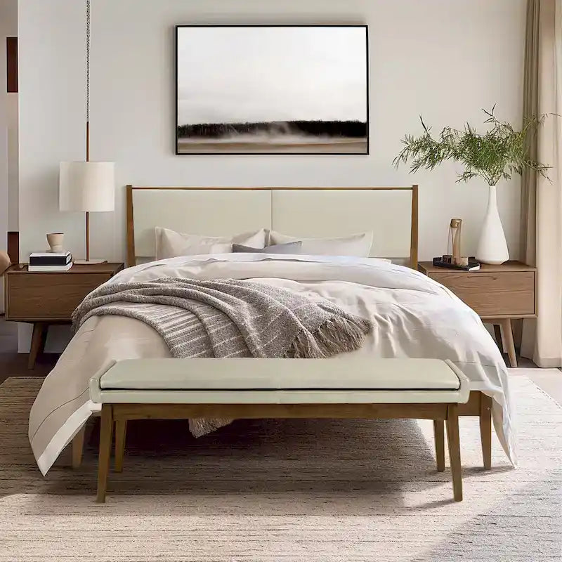 Ensemble cadre de lit en bois et tête de lit rembourrée beige, grand lit ou très grand lit