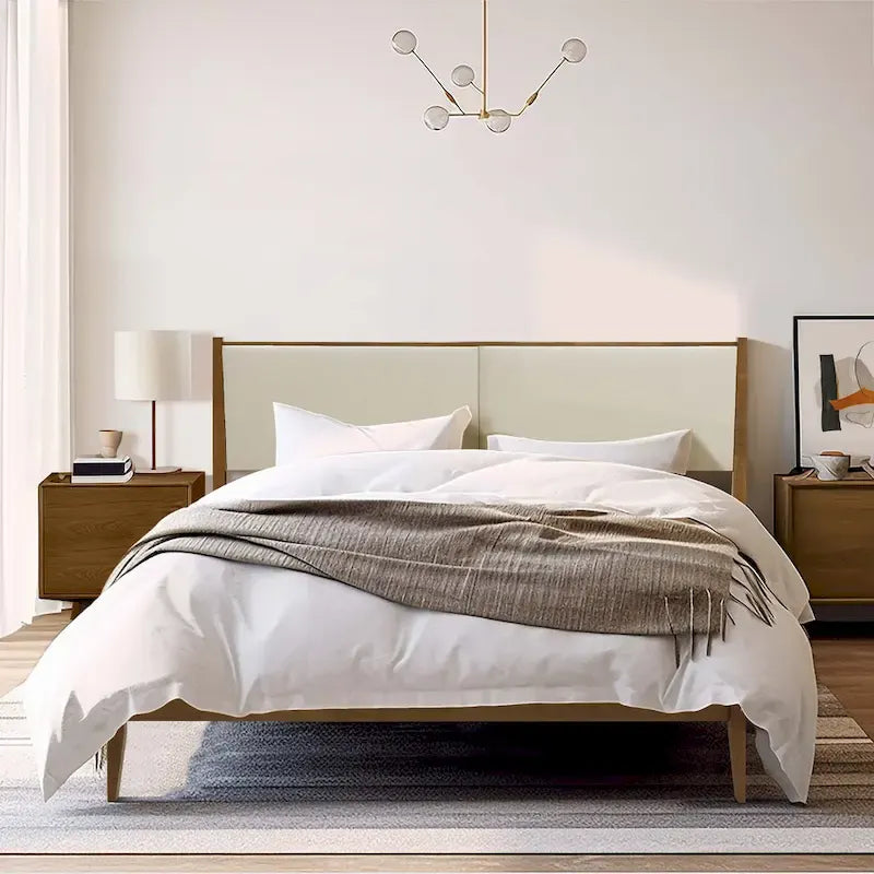 Ensemble cadre de lit en bois et tête de lit rembourrée beige, grand lit ou très grand lit