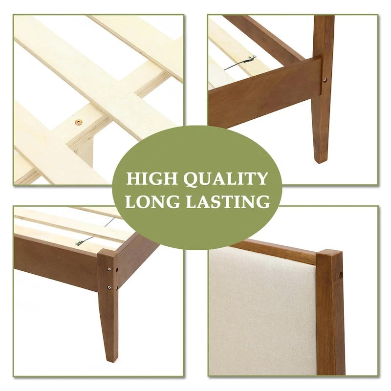 Ensemble cadre de lit en bois et tête de lit rembourrée beige, grand lit ou très grand lit