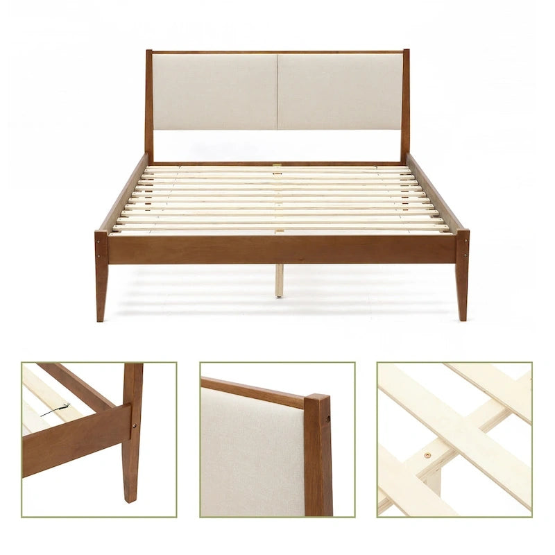 Ensemble cadre de lit en bois et tête de lit rembourrée beige, grand lit ou très grand lit