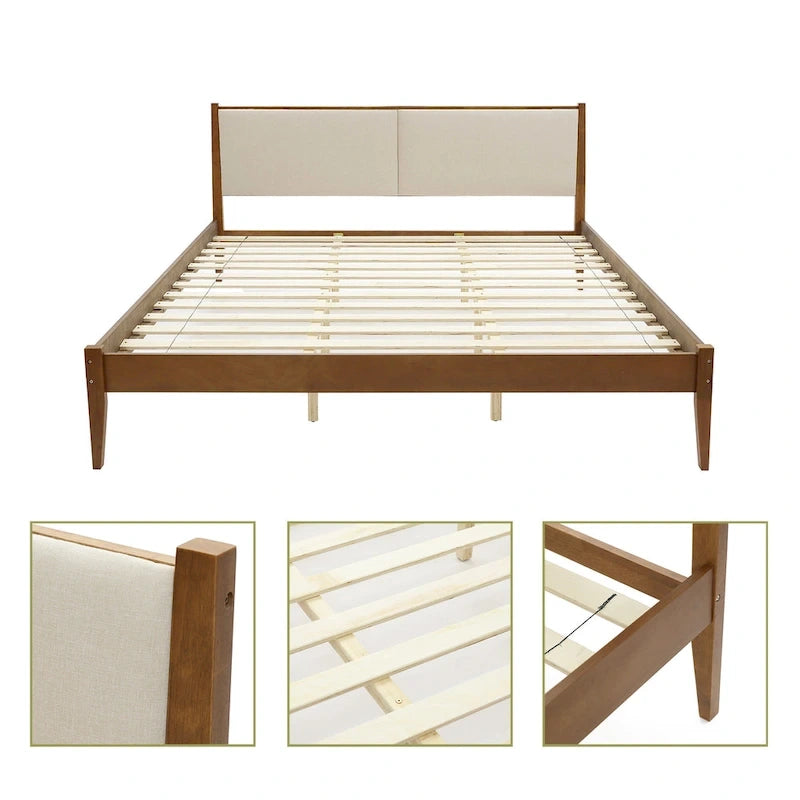 Ensemble cadre de lit en bois et tête de lit rembourrée beige, grand lit ou très grand lit