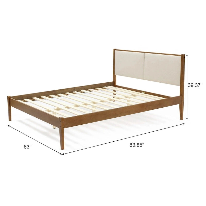 Ensemble cadre de lit en bois et tête de lit rembourrée beige, grand lit ou très grand lit