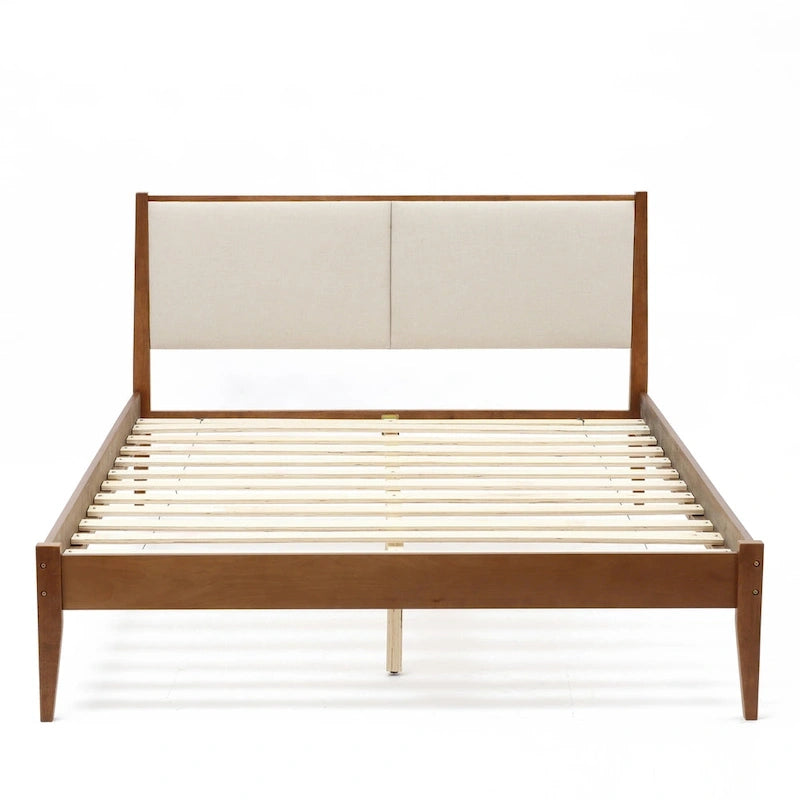 Ensemble cadre de lit en bois et tête de lit rembourrée beige, grand lit ou très grand lit