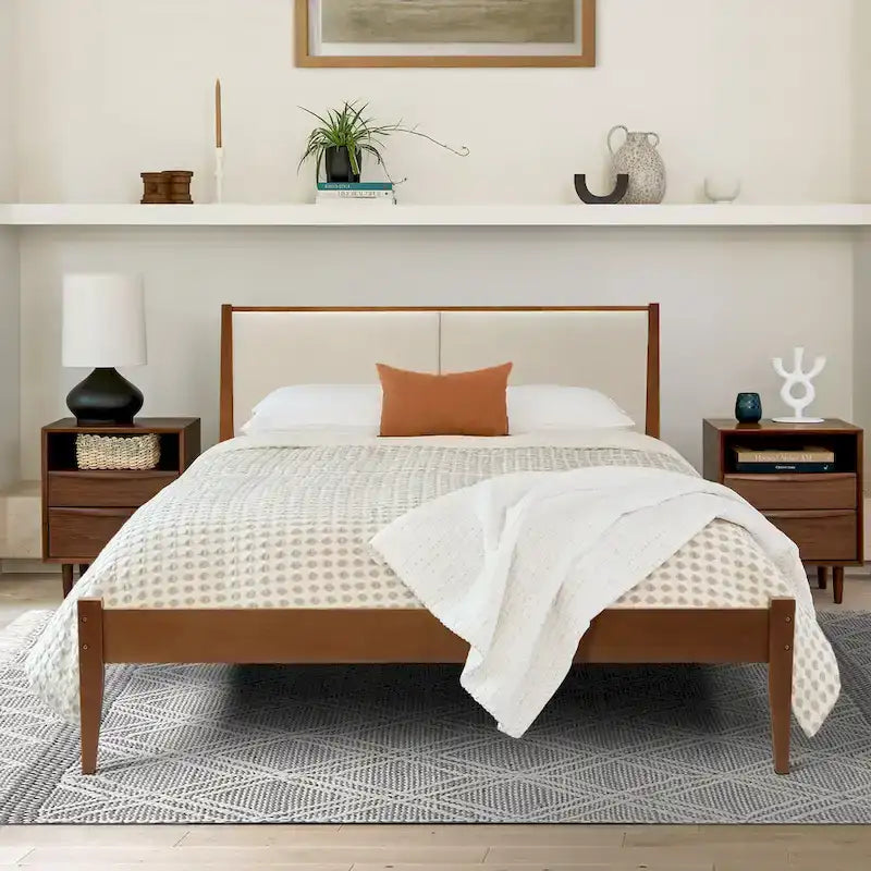 Ensemble cadre de lit en bois et tête de lit rembourrée beige, grand lit ou très grand lit