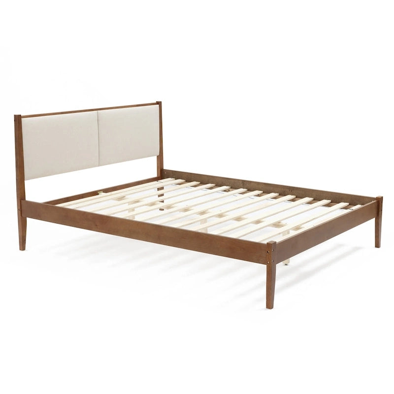 Ensemble cadre de lit en bois et tête de lit rembourrée beige, grand lit ou très grand lit
