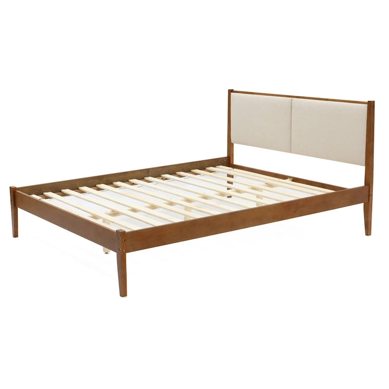 Ensemble cadre de lit en bois et tête de lit rembourrée beige, grand lit ou très grand lit