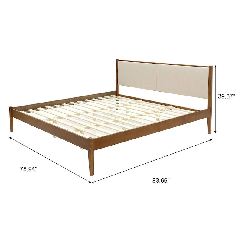 Ensemble cadre de lit en bois et tête de lit rembourrée beige, grand lit ou très grand lit