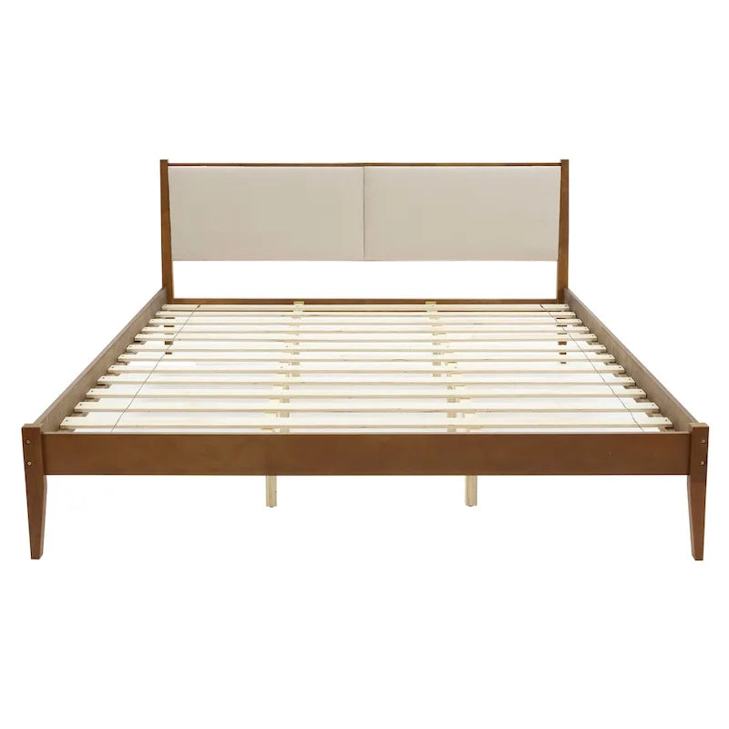 Ensemble cadre de lit en bois et tête de lit rembourrée beige, grand lit ou très grand lit