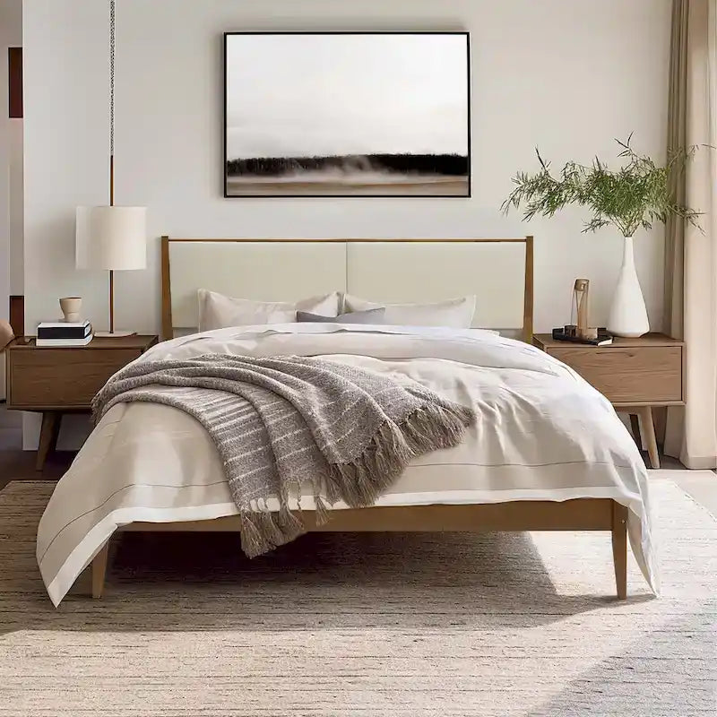 Ensemble cadre de lit en bois et tête de lit rembourrée beige, grand lit ou très grand lit