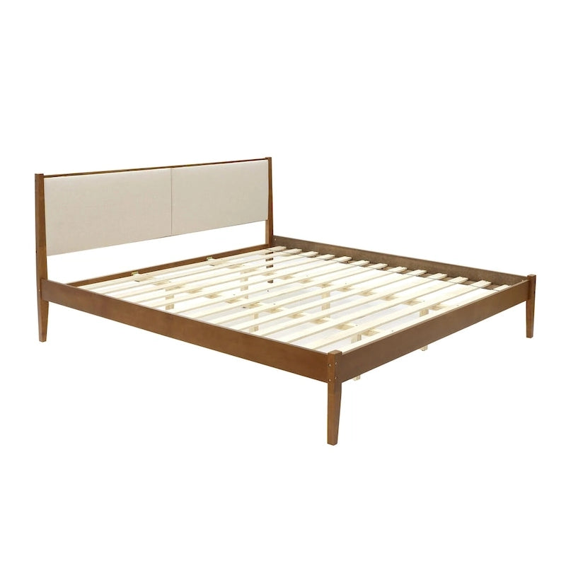 Ensemble cadre de lit en bois et tête de lit rembourrée beige, grand lit ou très grand lit