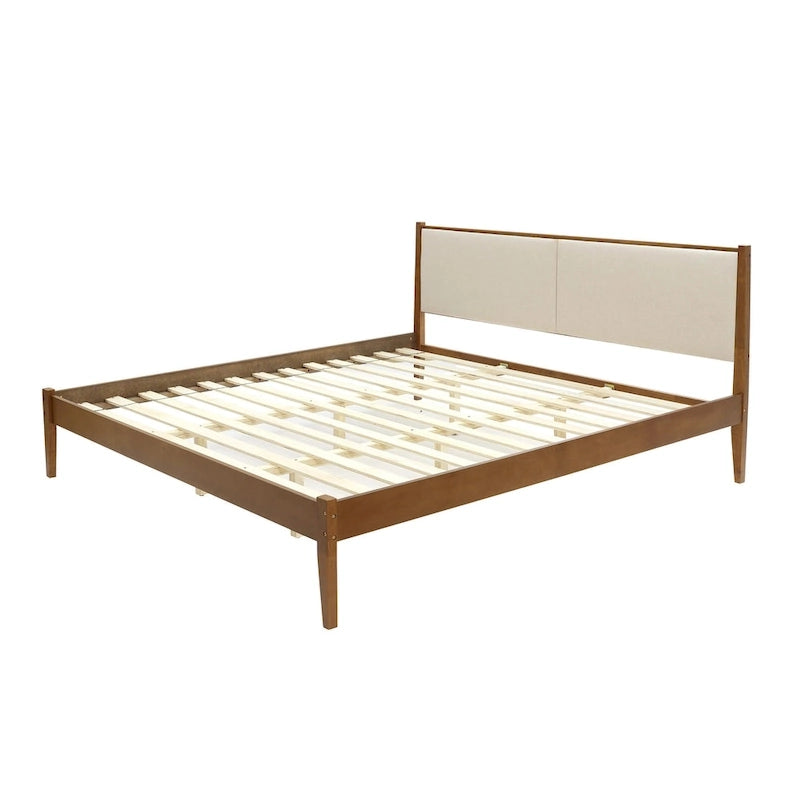 Ensemble cadre de lit en bois et tête de lit rembourrée beige, grand lit ou très grand lit