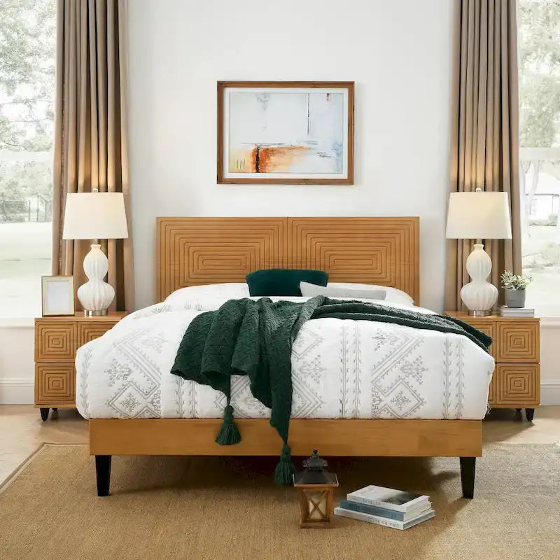 Lit plateforme en bois massif Mid-Century Modern avec tête de lit réglable