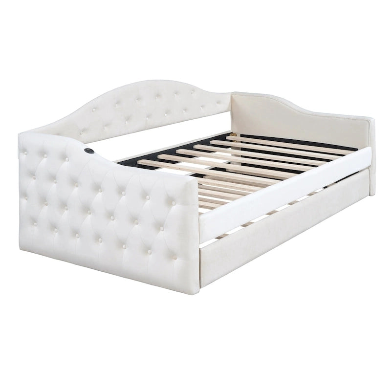 Lit de repos capitonné en velours jumeau avec lit gigogne et ports de chargement USB/Type-C