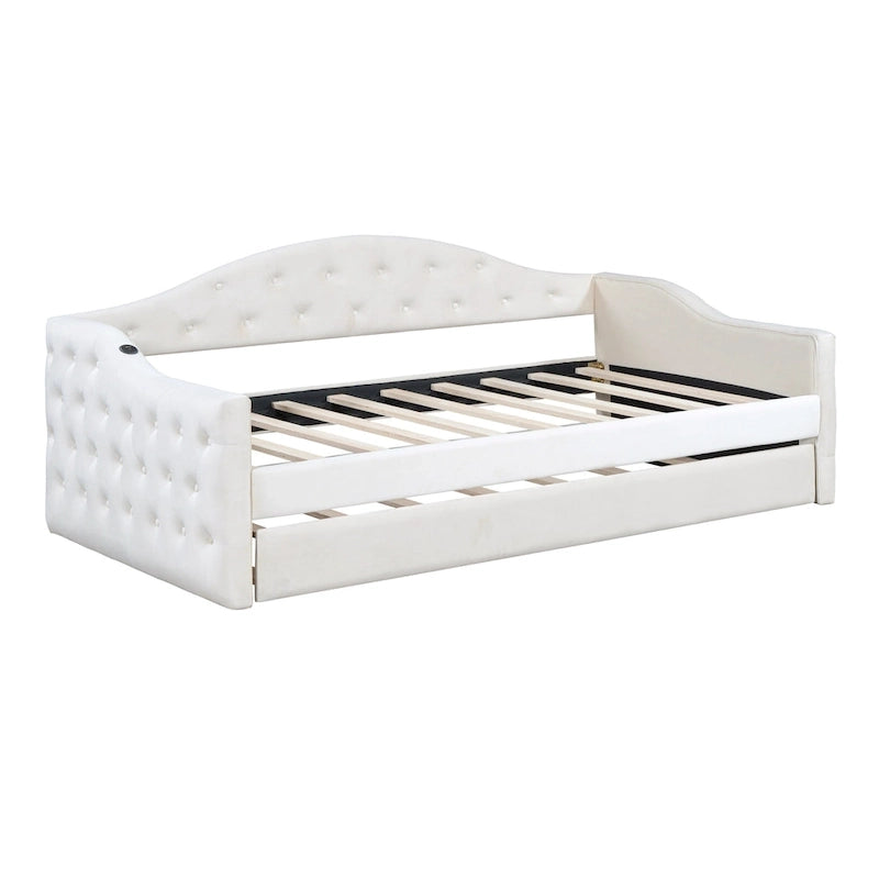 Lit de repos capitonné en velours jumeau avec lit gigogne et ports de chargement USB/Type-C