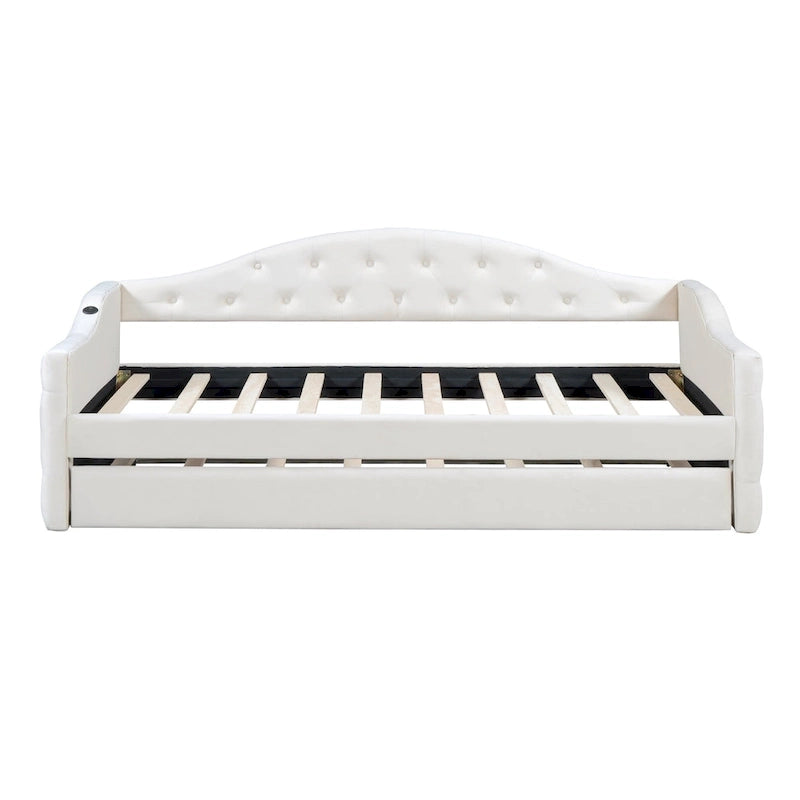Lit de repos capitonné en velours jumeau avec lit gigogne et ports de chargement USB/Type-C