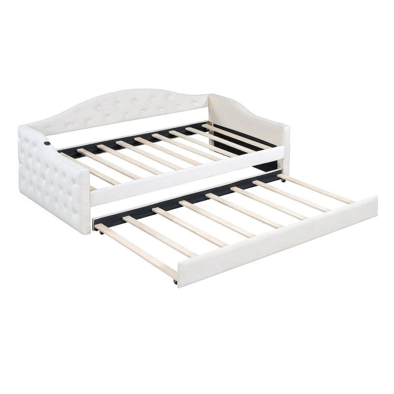 Lit de repos capitonné en velours jumeau avec lit gigogne et ports de chargement USB/Type-C