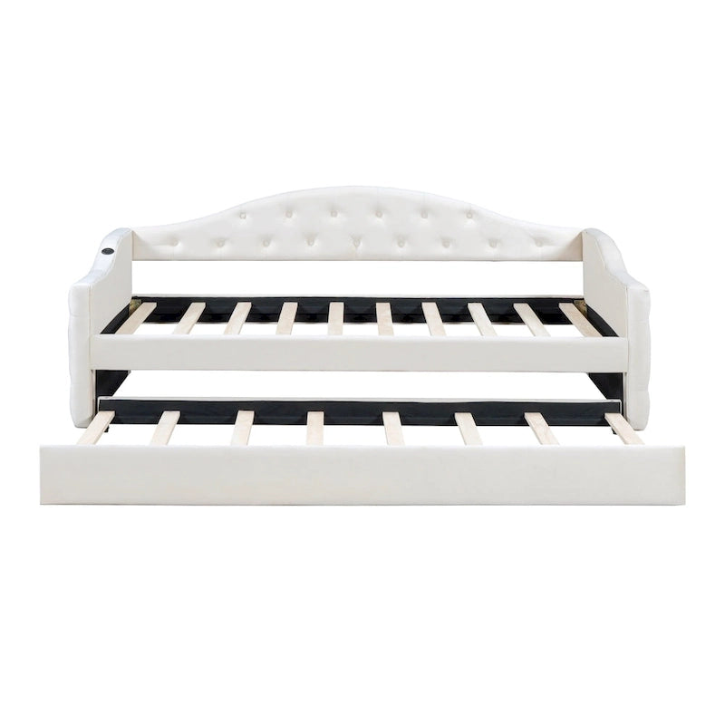 Lit de repos capitonné en velours jumeau avec lit gigogne et ports de chargement USB/Type-C