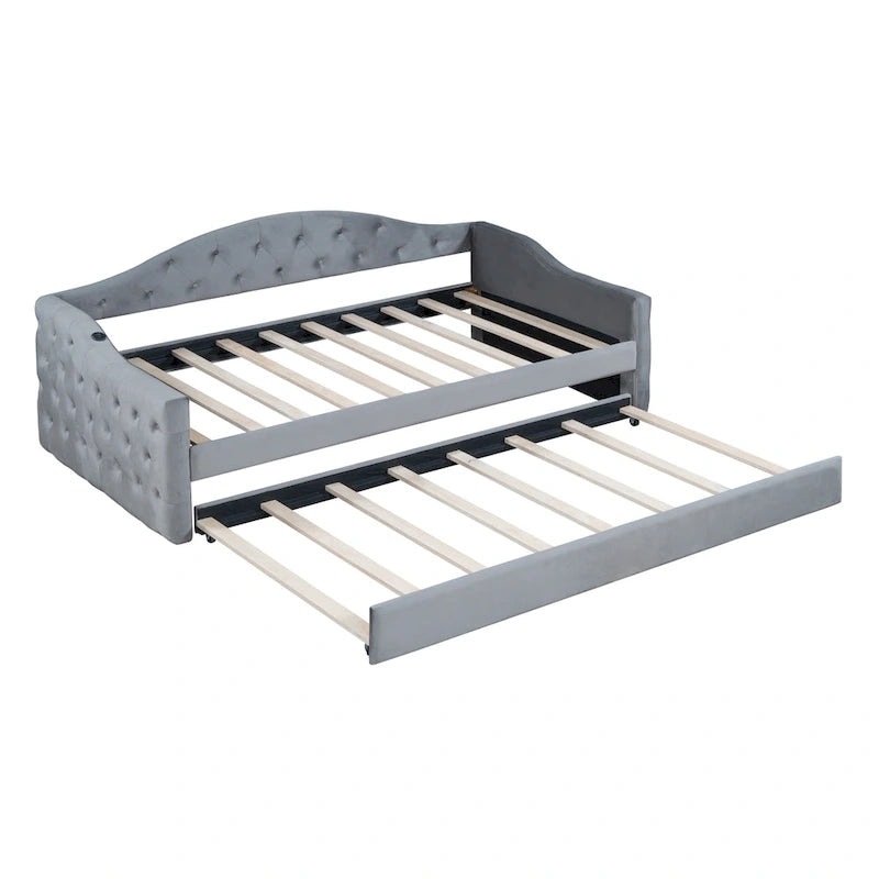 Lit de repos capitonné en velours jumeau avec lit gigogne et ports de chargement USB/Type-C