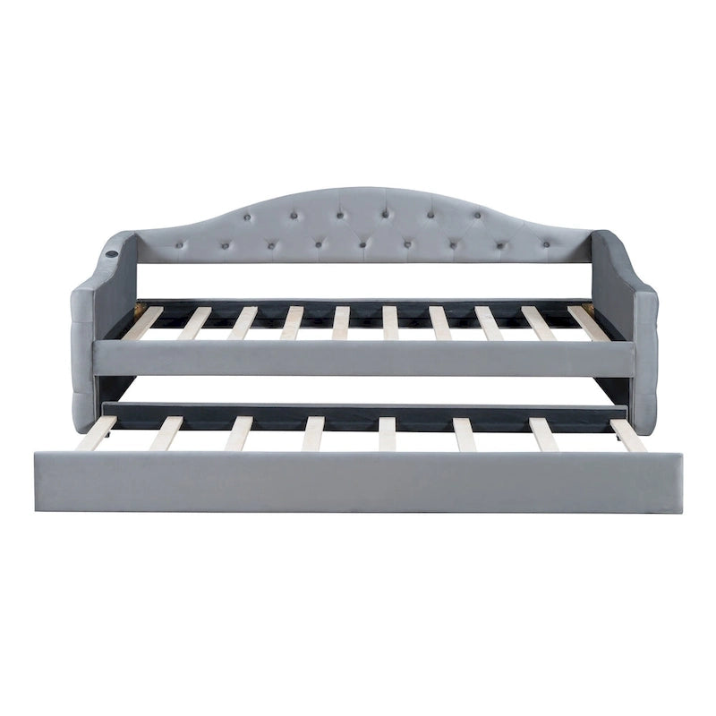 Lit de repos capitonné en velours jumeau avec lit gigogne et ports de chargement USB/Type-C