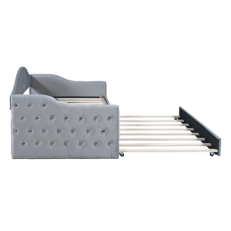 Lit de repos capitonné en velours jumeau avec lit gigogne et ports de chargement USB/Type-C