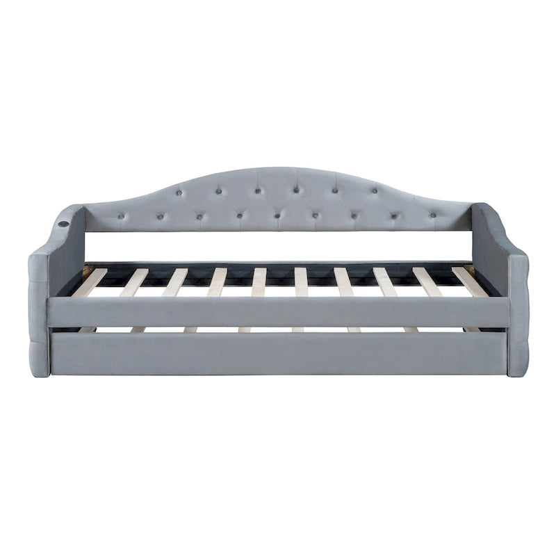 Lit de repos capitonné en velours jumeau avec lit gigogne et ports de chargement USB/Type-C