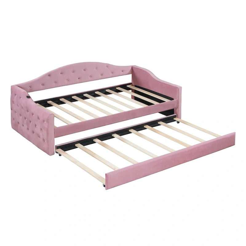 Lit de repos capitonné en velours jumeau avec lit gigogne et ports de chargement USB/Type-C
