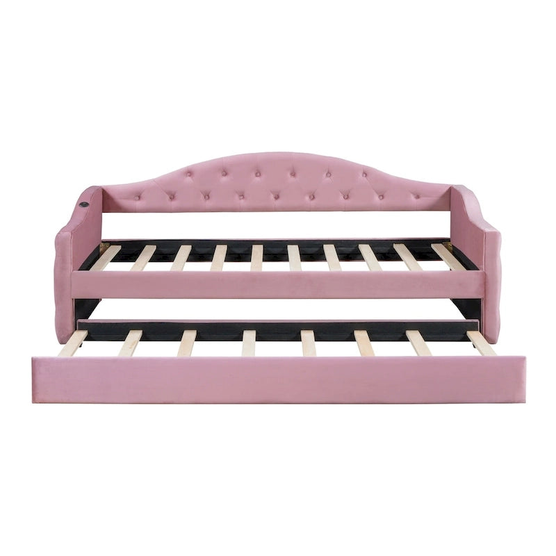 Lit de repos capitonné en velours jumeau avec lit gigogne et ports de chargement USB/Type-C