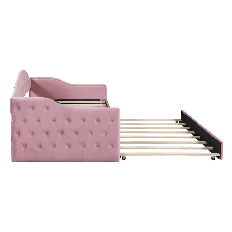 Lit de repos capitonné en velours jumeau avec lit gigogne et ports de chargement USB/Type-C