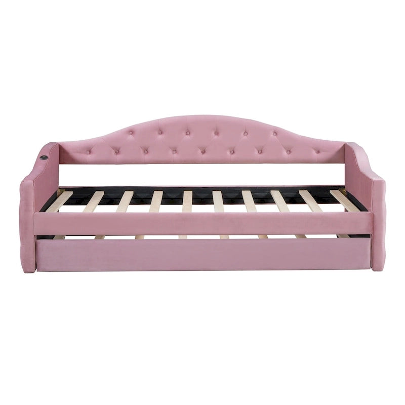 Lit de repos capitonné en velours jumeau avec lit gigogne et ports de chargement USB/Type-C
