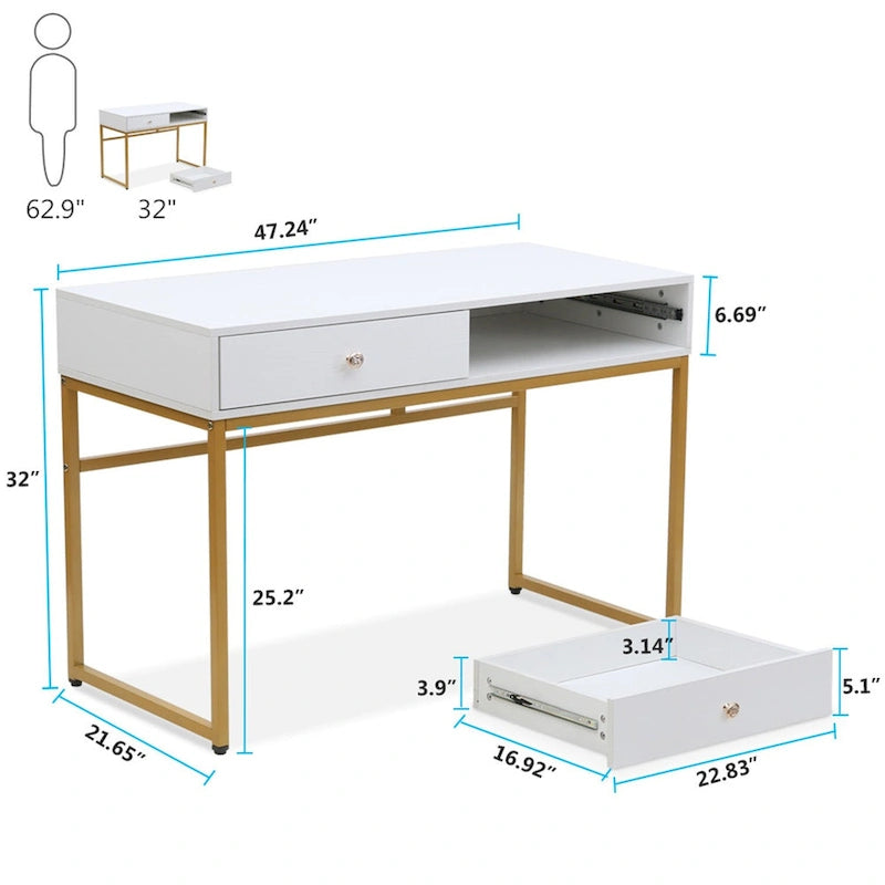 Bureau de télétravail de 47 pouces avec 2 tiroirs de rangement
