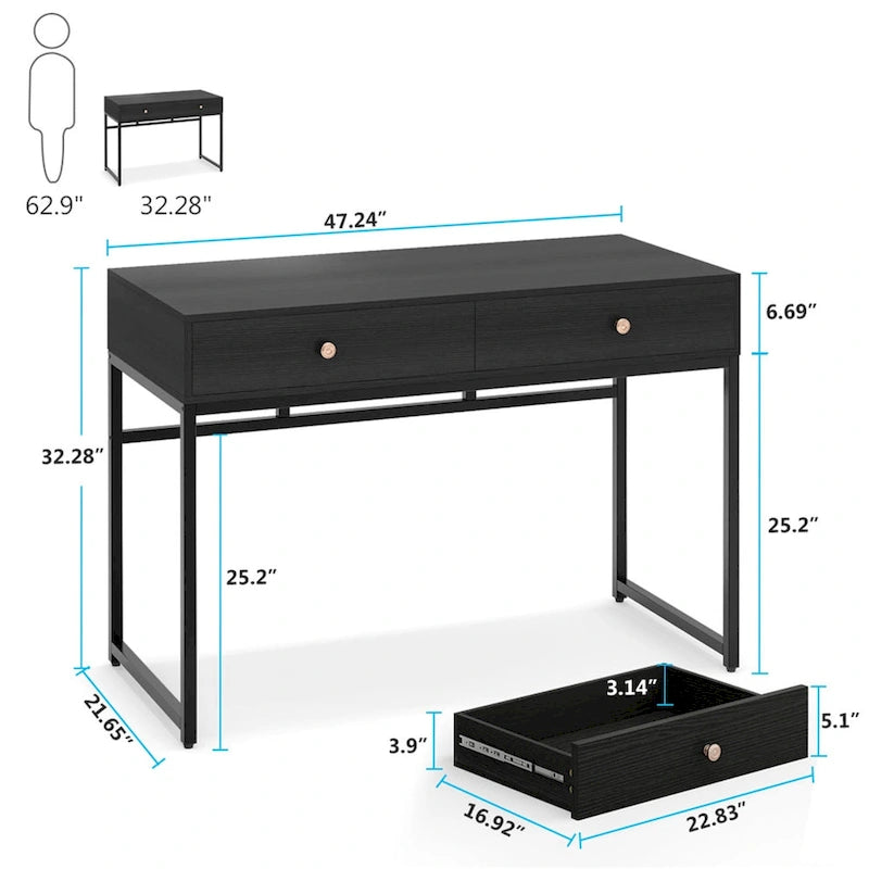 Bureau de télétravail de 47 pouces avec 2 tiroirs de rangement