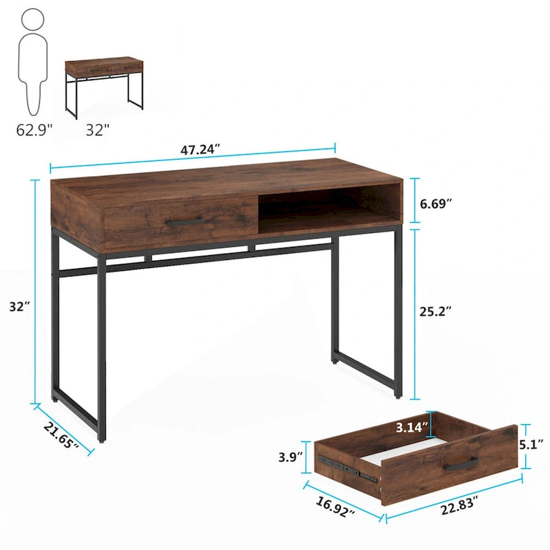 Bureau de télétravail de 47 pouces avec 2 tiroirs de rangement
