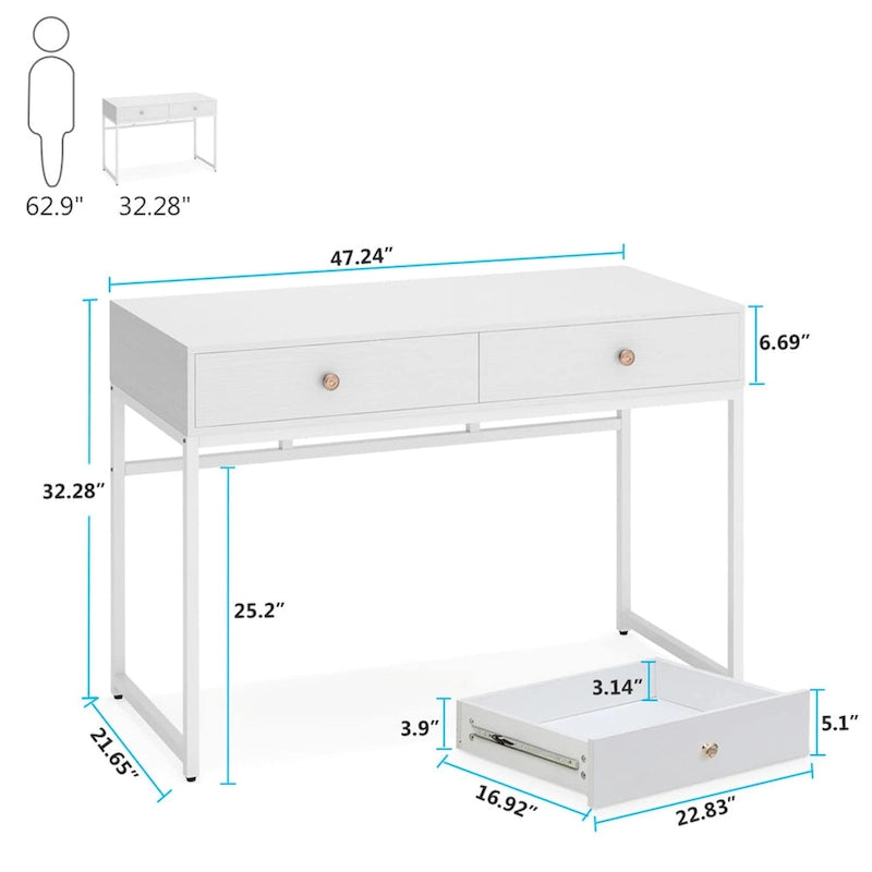 Bureau de télétravail de 47 pouces avec 2 tiroirs de rangement