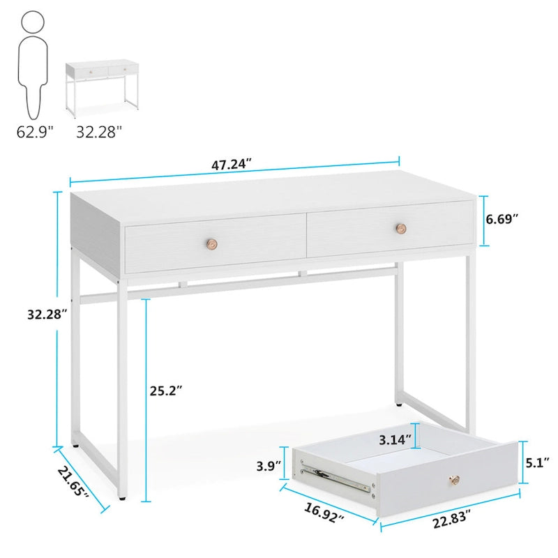 Bureau de télétravail de 47 pouces avec 2 tiroirs de rangement