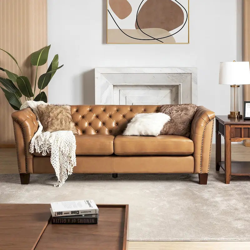 Canapé capitonné en cuir véritable de 209,5 cm pour salon