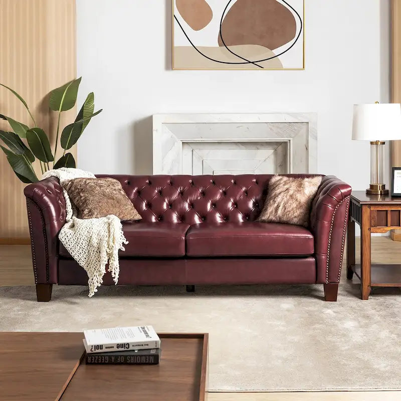 Canapé capitonné en cuir véritable de 209,5 cm pour salon