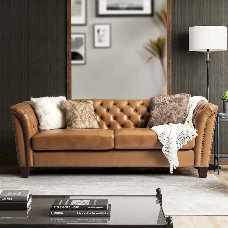 Canapé capitonné en cuir véritable de 209,5 cm pour salon