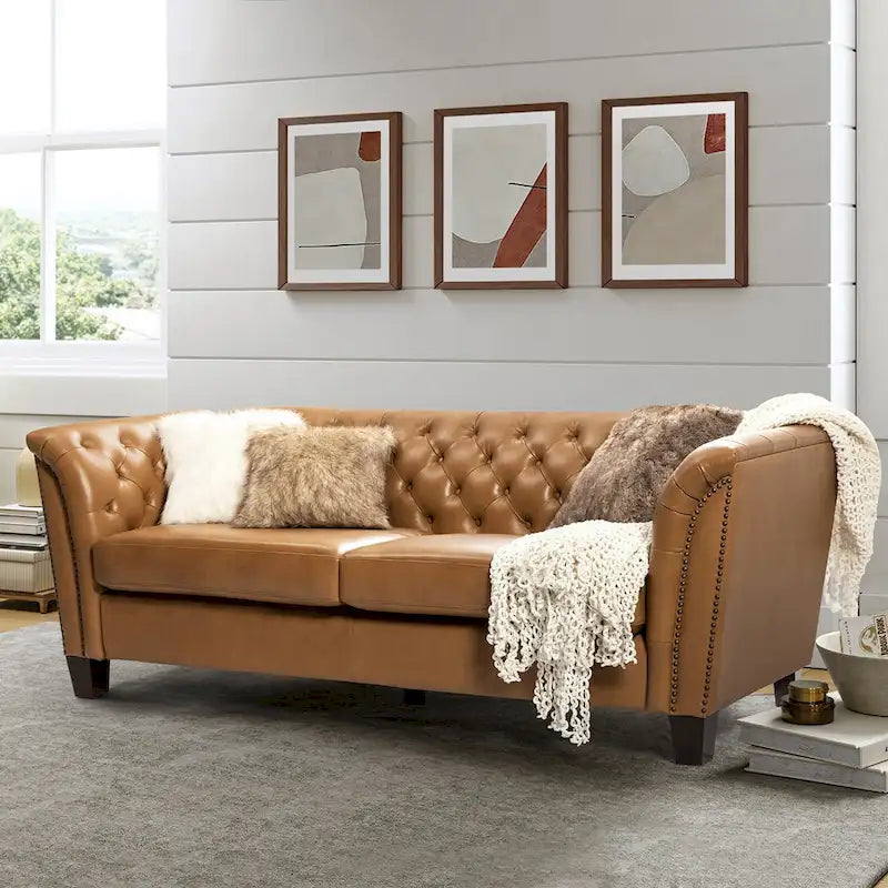 Canapé capitonné en cuir véritable de 209,5 cm pour salon