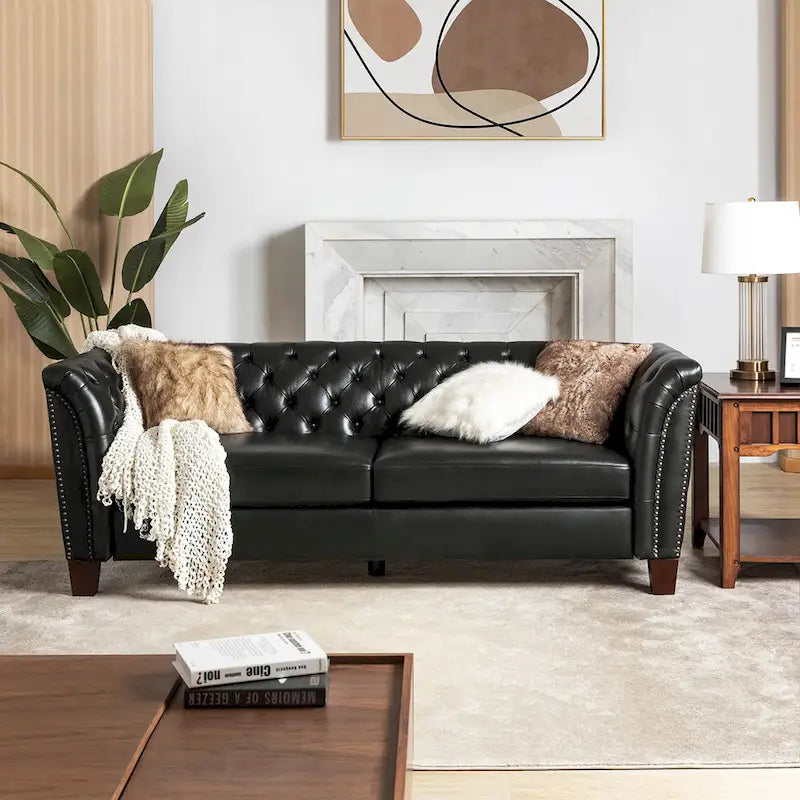 Canapé capitonné en cuir véritable de 209,5 cm pour salon