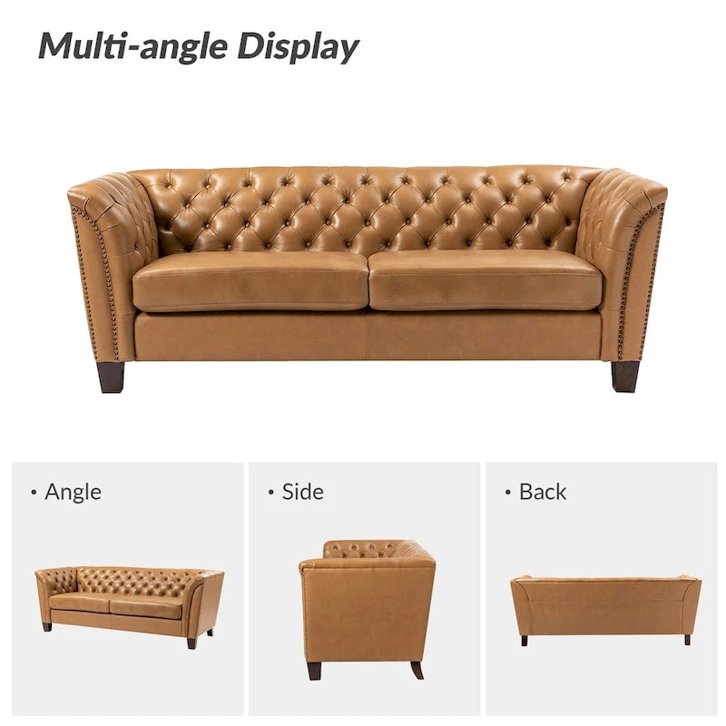 Canapé capitonné en cuir véritable de 209,5 cm pour salon