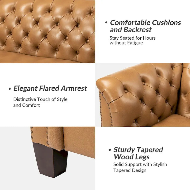 Canapé capitonné en cuir véritable de 209,5 cm pour salon