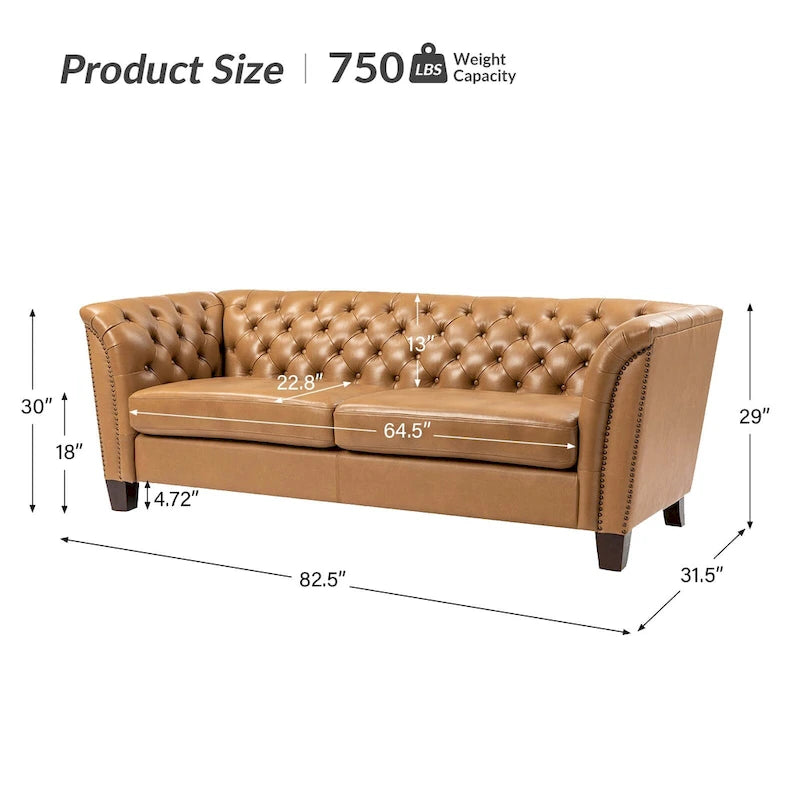 Canapé capitonné en cuir véritable de 209,5 cm pour salon