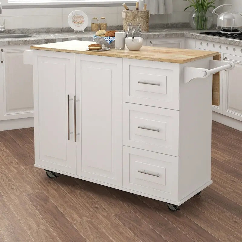 Îlot de cuisine avec étagère à épices et plateau en bois massif extensible