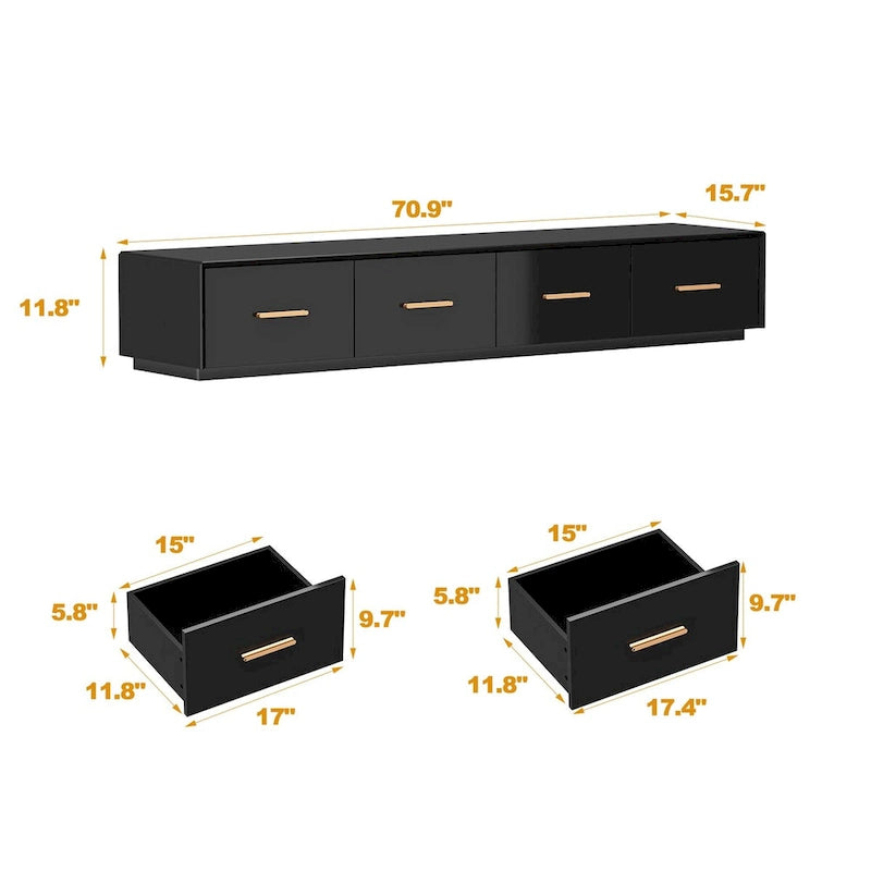 Console TV flottante murale de 70,9" avec portes à ouverture par poussée