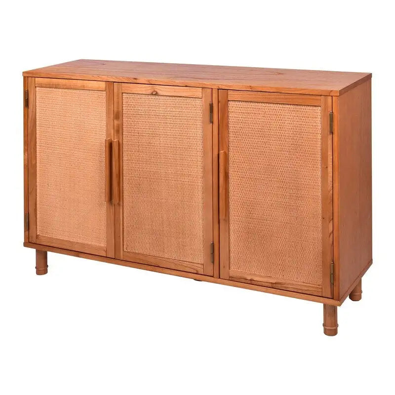 Meuble de rangement 3 portes en rotin et bois blond clair