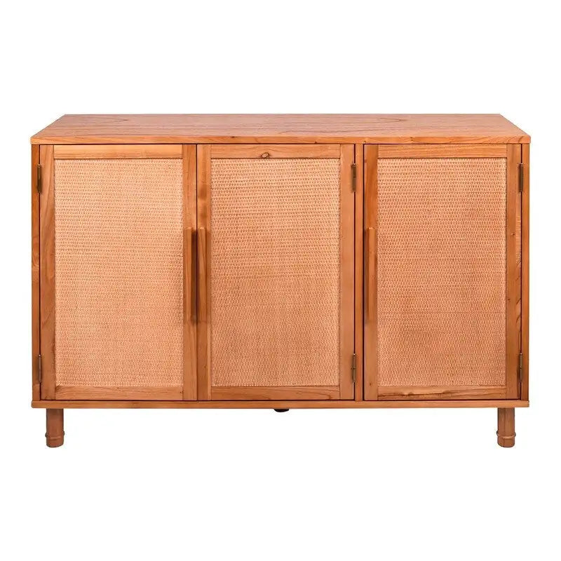 Meuble de rangement 3 portes en rotin et bois blond clair