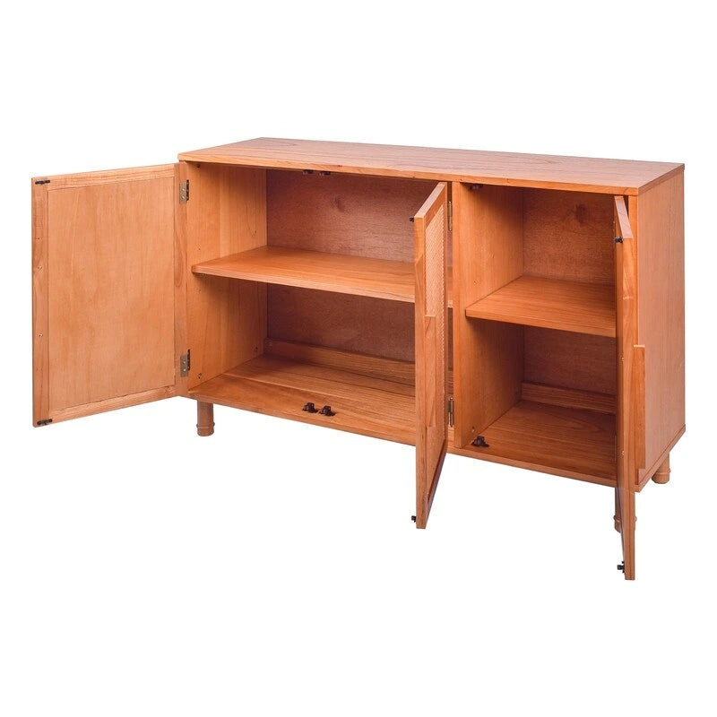 Meuble de rangement 3 portes en rotin et bois blond clair