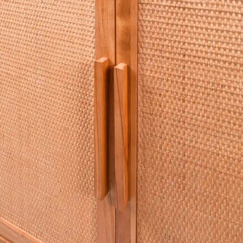 Meuble de rangement 3 portes en rotin et bois blond clair