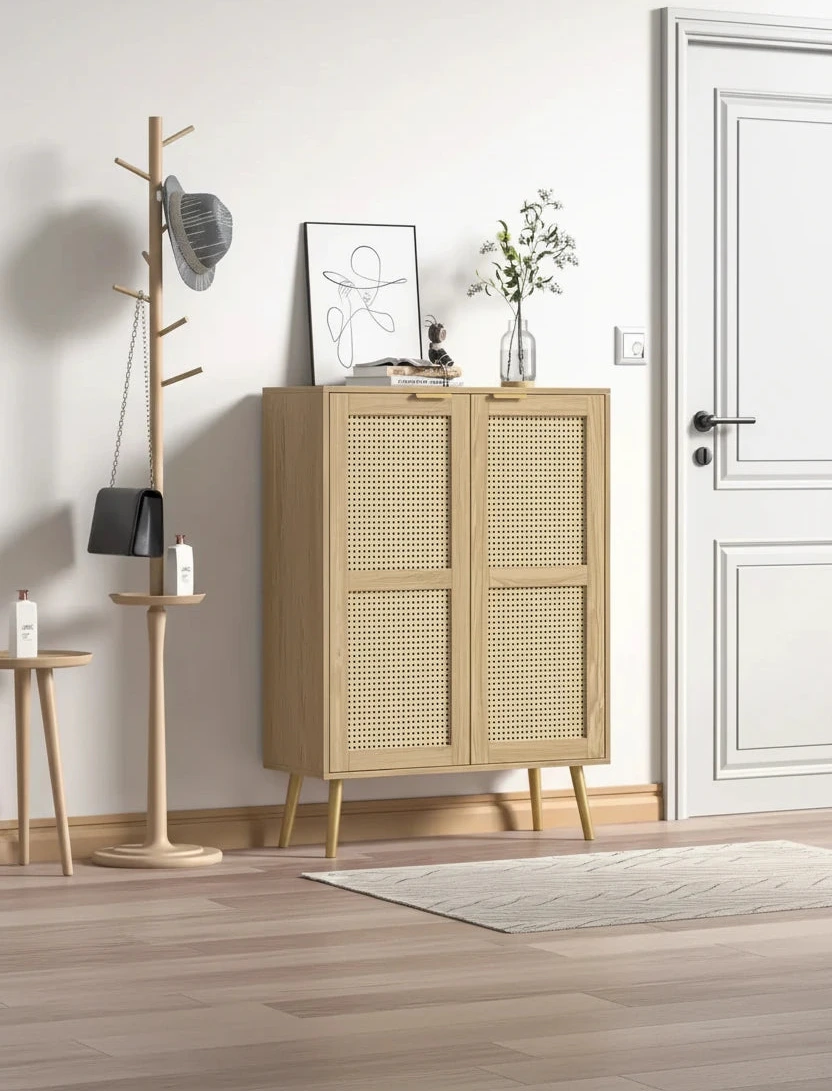 16 Pairs Rattan Shoe Storage Cabinet Freestanding Shoe Rack Organizer for Entryway